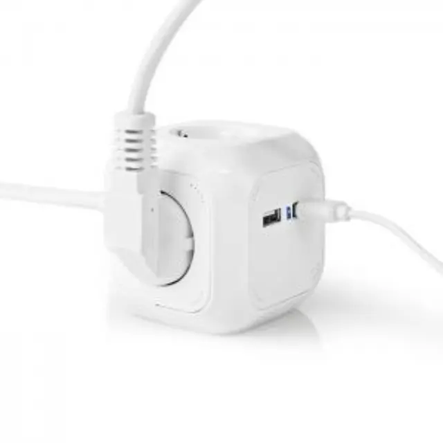 Πολύπριζο σε σχήμα κύβου, 4 θέσεων Schuko + 2 θύρες USB και καλώδιο 1,50m. 2