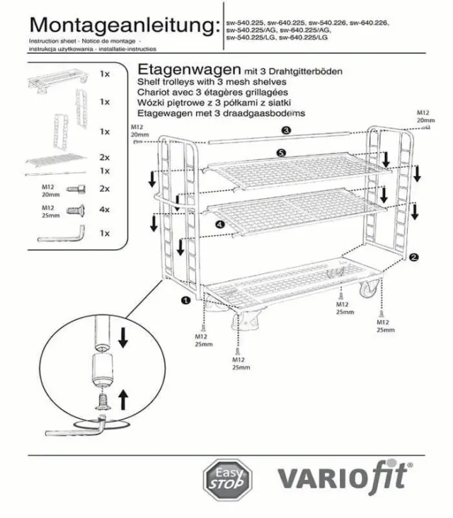 Variofit sw-640.225/AG Τρόλεϊ Μεταφοράς 3 Επιπέδων με Επικλινή Ράφια για Φορτίο Βάρους ως 400kg 2