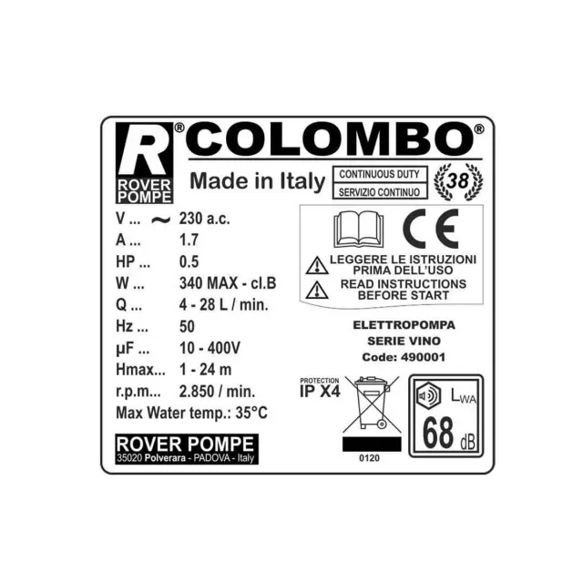 Rover Pompe Colombo 18 Αντλία μετάγγισης με φίλτρο κρασιού ιπποδύναμη 0.5hp / 101318 2