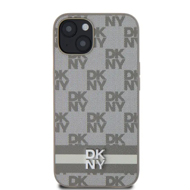 DKNY PU Leather Checkered Pattern and Stripe Case for iPhone 13 Beige 2