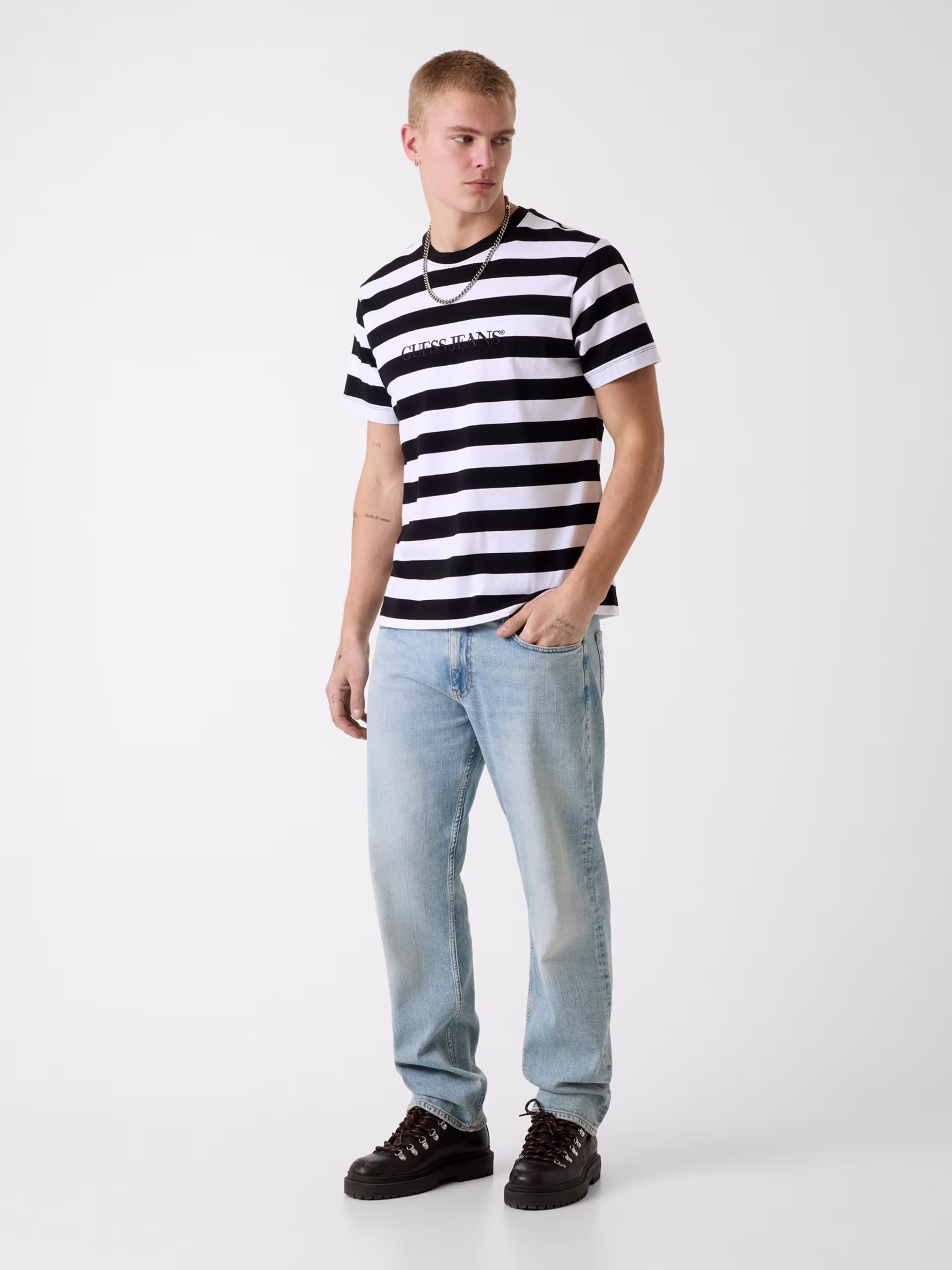 Guess Ανδρικό Άσπρο Μαύρο Ριγέ T-Shirt Άσπρο Μαύρο - L 2