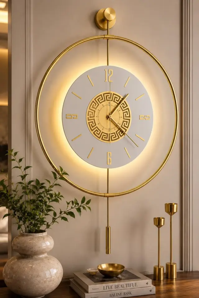 Stewehome Μεταλλικό ρολόι τοίχου με μηχανισμό quartz και φωτισμό LED Χρυσό 50x75 cm