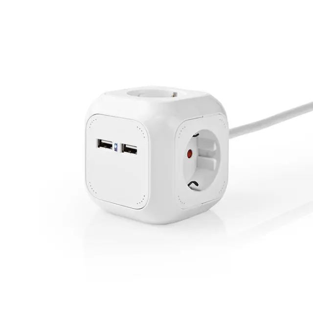 Πολύπριζο σε σχήμα κύβου, 4 θέσεων Schuko + 2 θύρες USB και καλώδιο 1,50m.