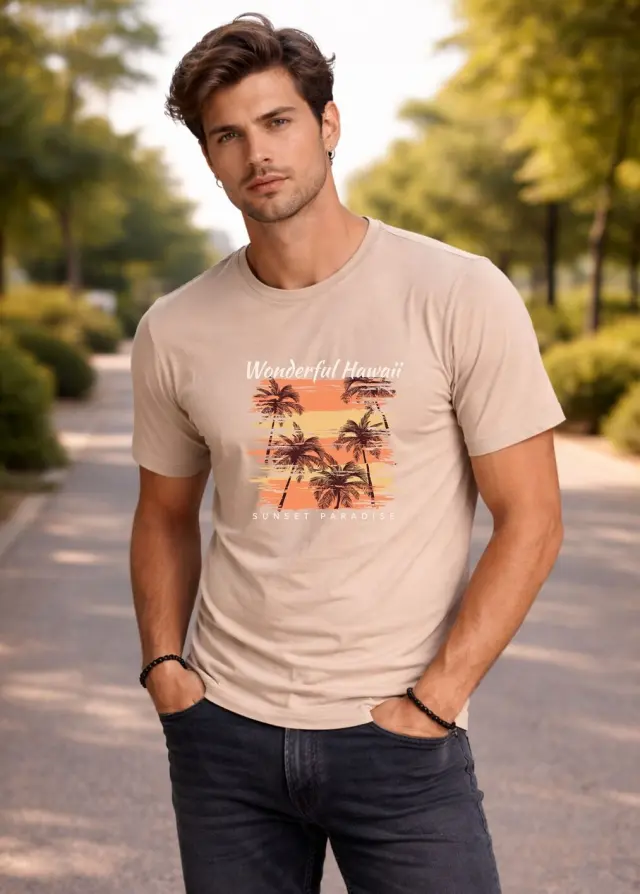 T-shirt Noshame® Μπεζ με τύπωμα Wonderful Hawaii - 162604 - XL