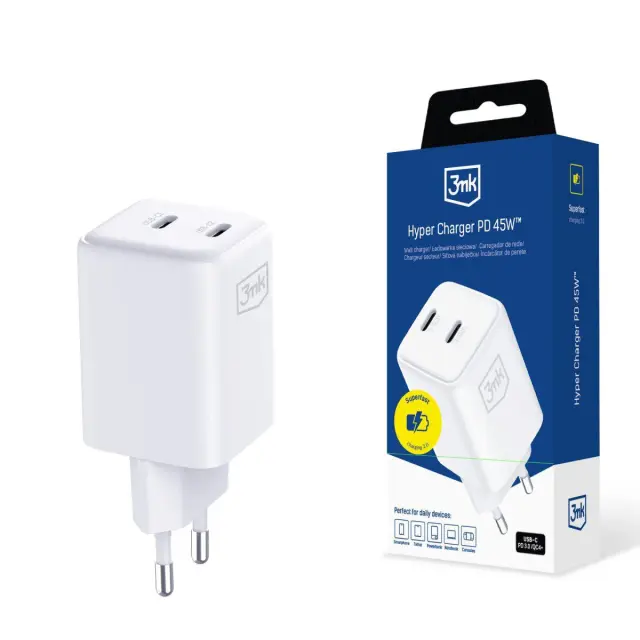3mk Φορτιστής Hyper Charger PD 45W GaN QC4+ PPS 2C Super-Fast Charge 2.0 White