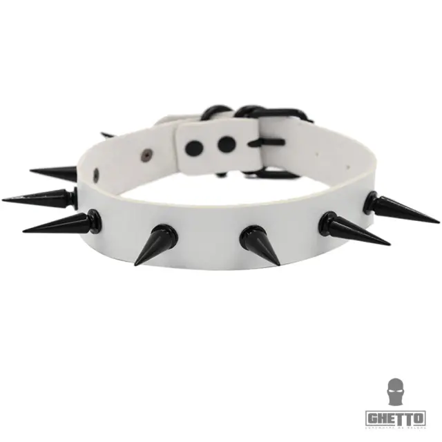 Ghetto Punk Metal Spike Choker Leather Necklace White