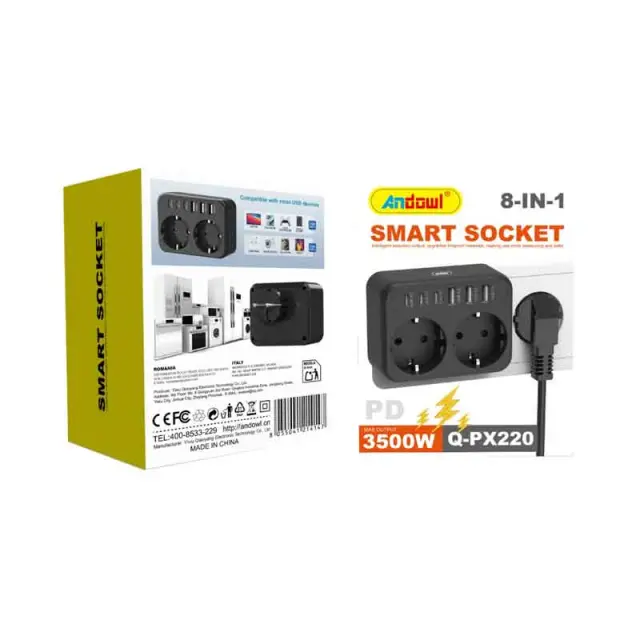 Andowl Πολύπριζο 8 σε 1 με 2 Πρίζες & 6 Θύρες USB 3500W Q-PX220- Smart Socket 0751108