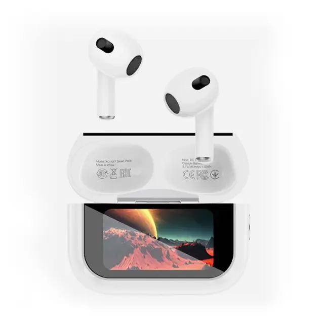 Bluetooth ακουστικά handsfree με θήκη φόρτισης και οθόνη, σε λευκό χρώμα