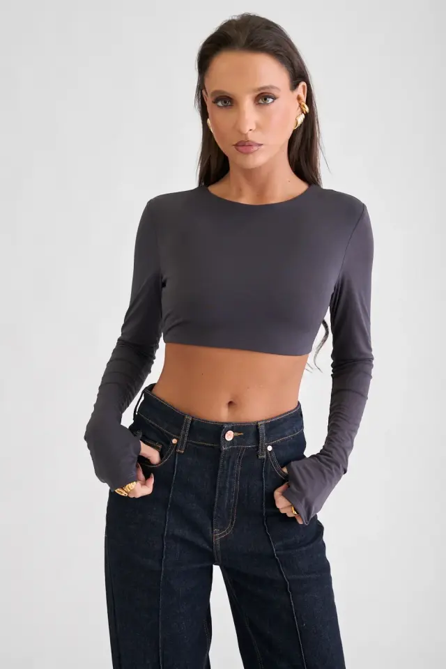 Μπλούζα crop top με μακριά μανίκια και ανοιχτή πλάτη - Ανθρακί - ONESIZE