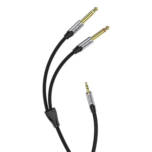 VENTION Cotton Braided TRS 3.5mm Male to 2*6.5mm Male Audio Cable 2M Gray Aluminum Alloy Type (BARHH) (VENBARHH)