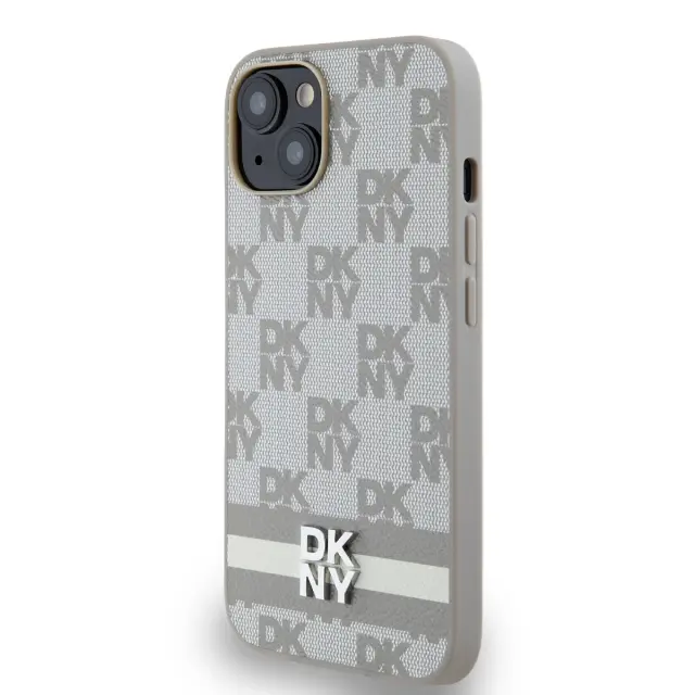 DKNY PU Leather Checkered Pattern and Stripe Case for iPhone 14 Beige 3