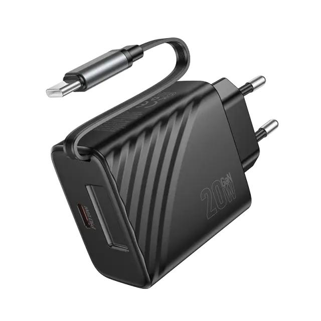 Φορτιστής Ταξιδίου Hoco N57 GaN PD20W με 1xUSB-C Θύρα και Αναδιπλούμενο Καλώδιο 65cm Μαύρος