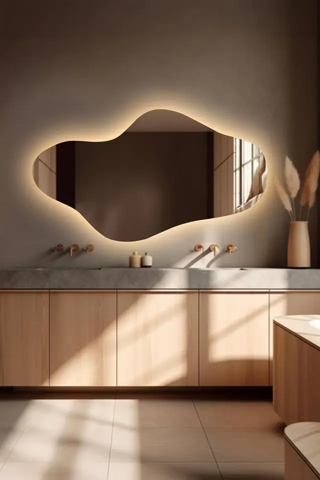 Stewehome Ασύμμετρος διακοσμητικός καθρέφτης με LED φωτισμό για μπάνιο και σαλόνι 30x60 cm 2
