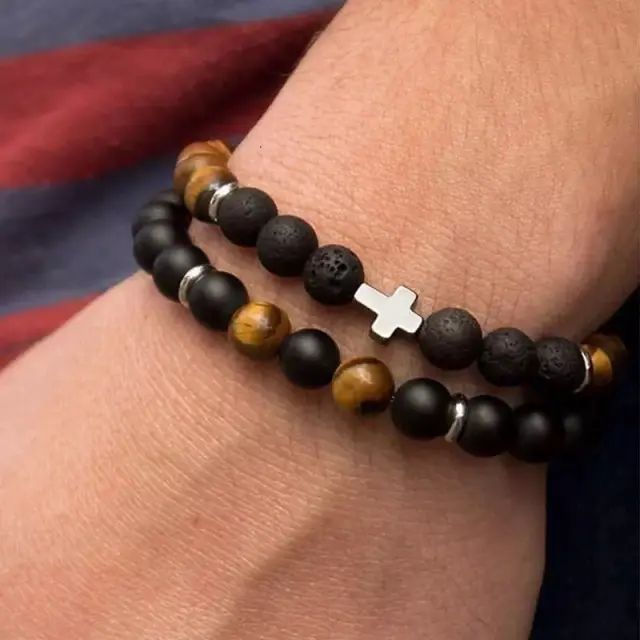 Lava Stone Διπλό Ελαστικό Βραχιόλι με Πέτρες 2