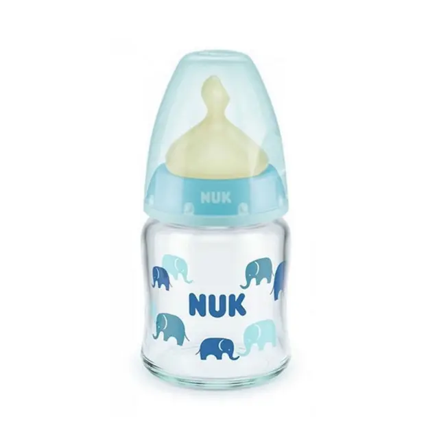 Nuk Γυάλινο Μπιμπερό First Choice Plus Temperature Control Κατά των Κολικών με Θηλή Καουτσούκ 120ml για 0-6 μηνών Σιέλ Ελεφαντάκια