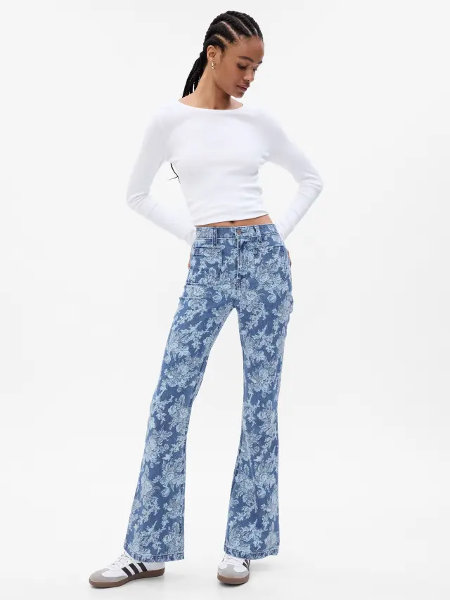 Μπλε Gap × LoveShackFancy High Rise Φλοράλ 70s Flare Jeans με Washwell medium wash - 26SHORT