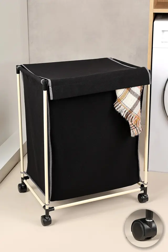 Stewehome Καλάθι άπλυτων με ρόδες και υφασμάτινο καπάκι Μαύρο 33x48 cm