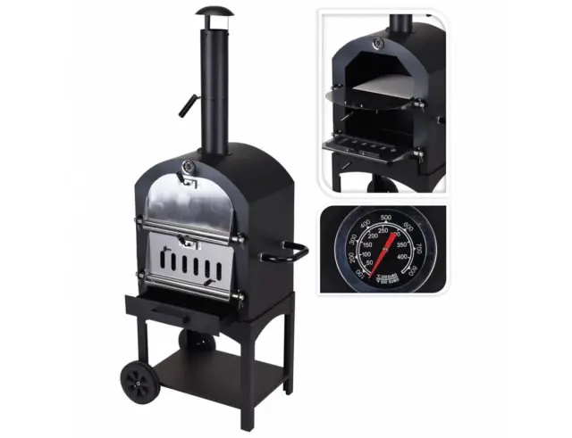 Ψησταριά πίτσας BBQ κάρβουνου Vaggan (X85300070) Με καμινάδα και θερμόμετρο, Πέτρα μαγειρέματος, Σχάρα, Λαβές και πόδια στήριξης με 2 τροχούς, Βάση τακτοποίησης, Μεταλλική, 67 x 47.5 x 156 cm X85300070