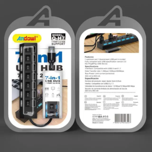 Andowl USB 2.0 Hub 7 Θυρών με Σύνδεση USB-A σε Μαύρο Χρώμα Q-H7 2