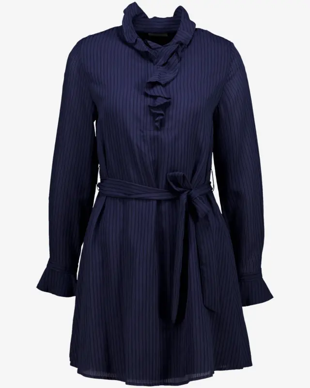Claudie Pierlot Γυναικείο Ριγέ Φόρεμα Navy με Βολάν & Ζώνη - S