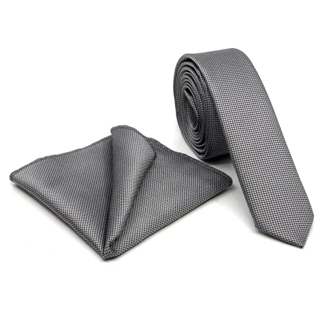 Γκρι Oxford Γραβάτα Slim 4,5 cm Σετ με Μαντηλάκι