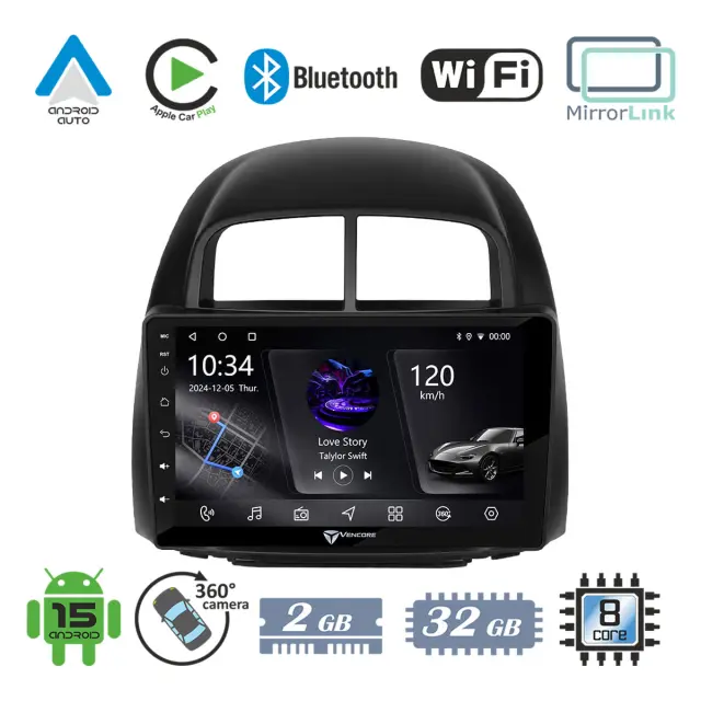 VenCore Οθόνη Multimedia Android 15 10.1" PX5S Octa-Core 2GB/32GB IPS με Πρόσοψη, CarPlay, Android Auto και Υποστήριξη Κάμερας 360° για Daihatsu Sirion 2005-2010 – Μαύρη (3236-10006-0527B)