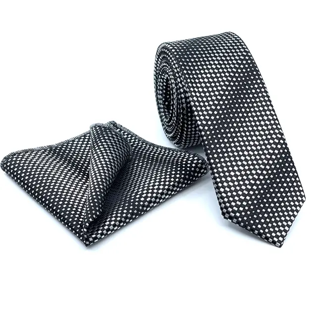 Ασημί - Μαύρη Σχεδιαστική Γραβάτα Microfiber Σετ με Μαντήλι