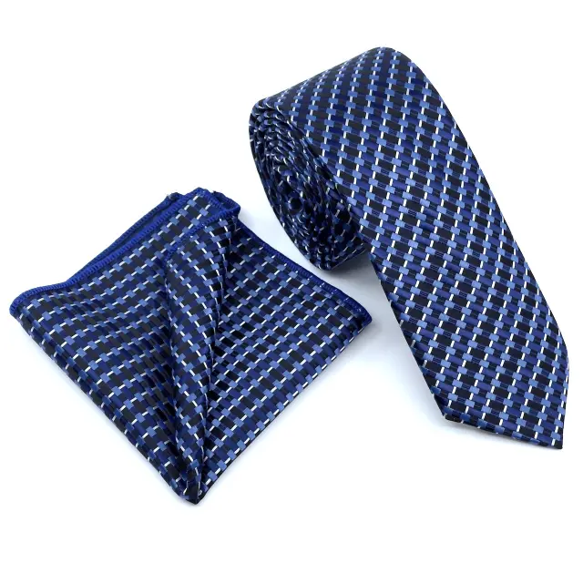Γραβάτα Microfiber σε Μπλε Μοτίβο Σετ με Μαντηλάκι 3