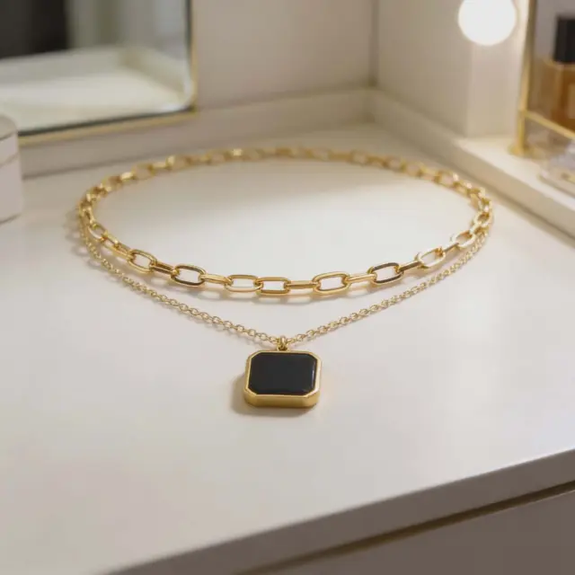 Double Chain Necklace with Black Pendant