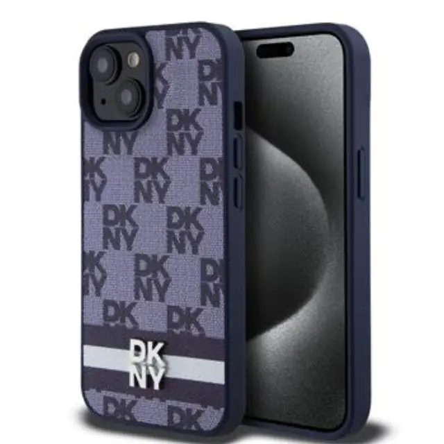 DKNY PU Leather Checkered Pattern and Stripe Case for iPhone 15 Blue