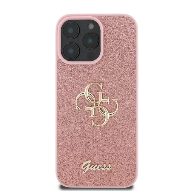 Guess PU Fixed Glitter 4G Metal Logo Case for iPhone 16 Pro Pink 2