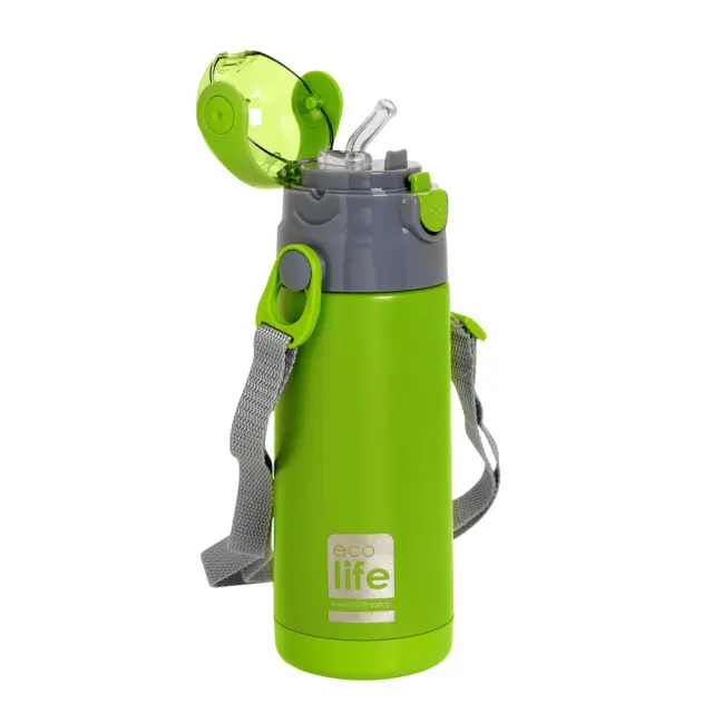 Ecolife Ανοξείδωτο Παγούρι Θερμός με Εσωτερικό Καλαμάκι και Ιμάντα Μεταφοράς 400ml Green 33-BO-2994 2