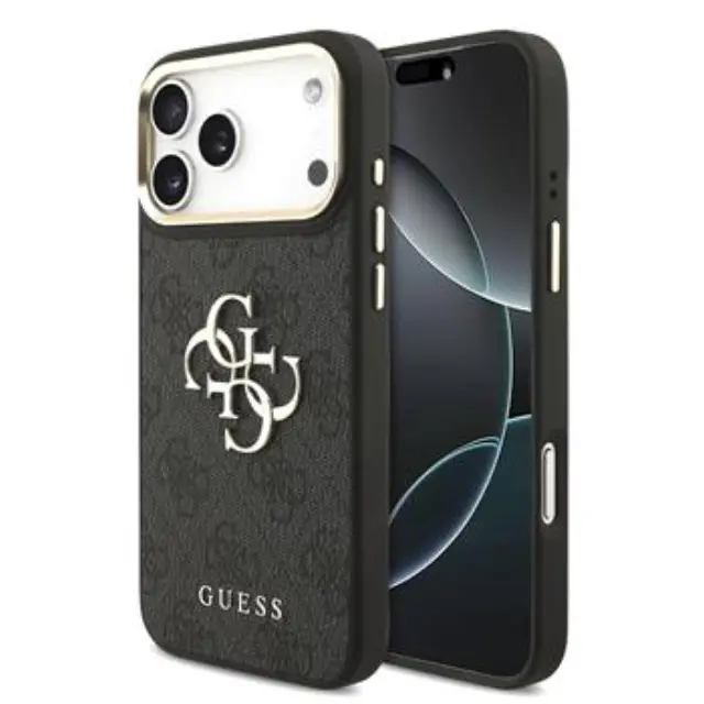 Guess PU Leather 4G Metal Logo Gold Frame Case for iPhone 18 Pro Max Black