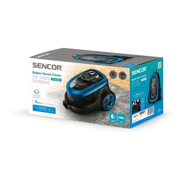 Ηλεκτρική Σκούπα Sencor SVC 1035TQ 750W χωρίς Σακούλα με σωλήνα XL Clean Air Dual HEPA H13 75 dB(A) Μαύρο/Μπλε 2