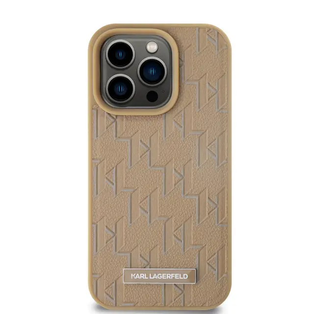Karl Lagerfeld PU Leather Monogram Metal Logo MagSafe Case for iPhone 14 Pro Max Beige 2
