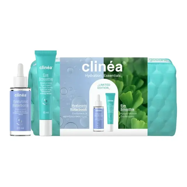 Clinea Limited Edition Gift Set Hydration Essentials Hyaluronic Waterbomb Oρός Προσώπου, 30ml, Smoothie Κρέμα Ματιών, 15ml & Δώρο Νεσεσέρ, 1τεμ, 1σετ