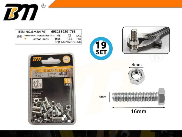 Εξάγωνη βίδα με παξιμάδι - M4x16mm+M4 - Σετ 12 πακέτα των 19 ζευγαριών - 201765 2