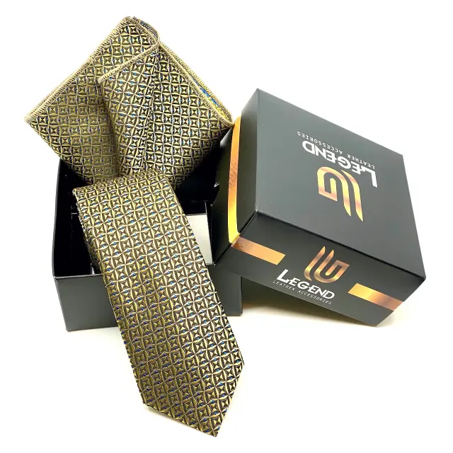 Γραβάτα Microfiber σε Χρυσαφί Μοτίβο Σετ με Μαντηλάκι 3