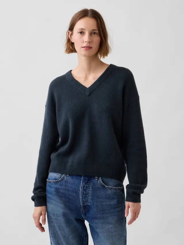 Γυναικείο Πουλόβερ CashSoft σε Oversized Γραμμή με V-Λαιμόκοψη Forest green