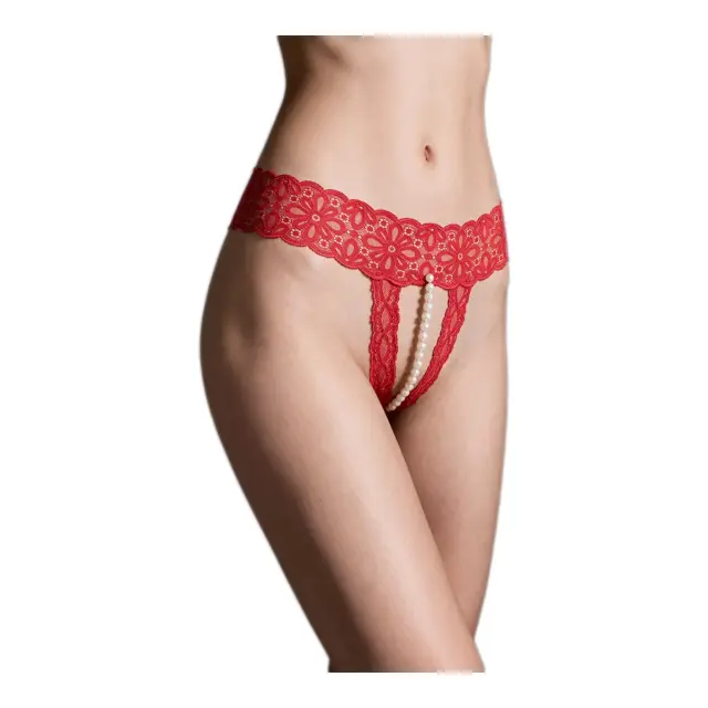 Milena Γυναικείο String Ανοιχτό με Δαντέλα & Πέρλα, Χρώμα Κόκκινο