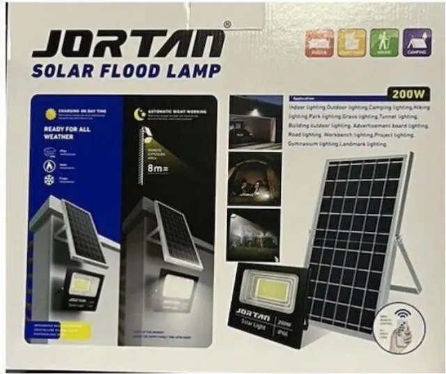 JORTAN Ηλιακός Προβολέας LED 200W 6500K IP66 με Φωτοκύτταρο, Τηλεχειριστήριο + Ηλιακό Πάνελ – Αδιάβροχος Εξωτερικού Χώρου 2