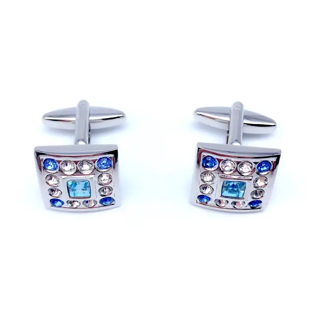 Ασημί Σχεδιαστικά Μανικετόκουμπα με Μπλε Zircon και Στρας – LGD-DK-09 2