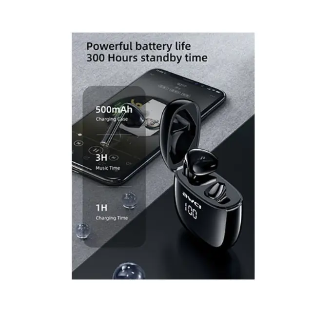 Awei T28P In-ear Bluetooth Handsfree Headphone Sweat Resistant and Charging Case Black 2