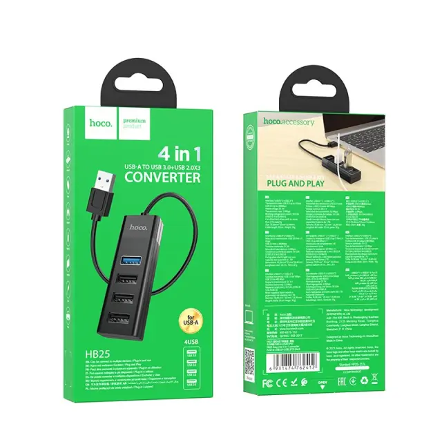 Hub USB Hoco HB25 4 in 1 Easy display USB3.0 σε USB3.0 x 1 και USB2.0 x 3 Μαύρο 2