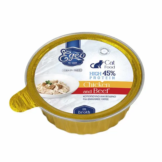 Egeo Υγρή Τροφή Γάτας Δισκάκι Adult High Protein 45% Κοτόπουλο & Βοδινό Σε Ζωμό 80gr Μονόχρωμο