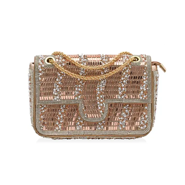 Ghetto Crystal Embellished Evening Bag with Chain Strap | Luxury Statement Handbag Rose Gold