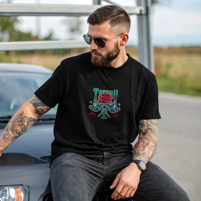 T-shirt Noshame® Signature Μαύρο με Τύπωμα Tattoo Rose - 122358 - XXL