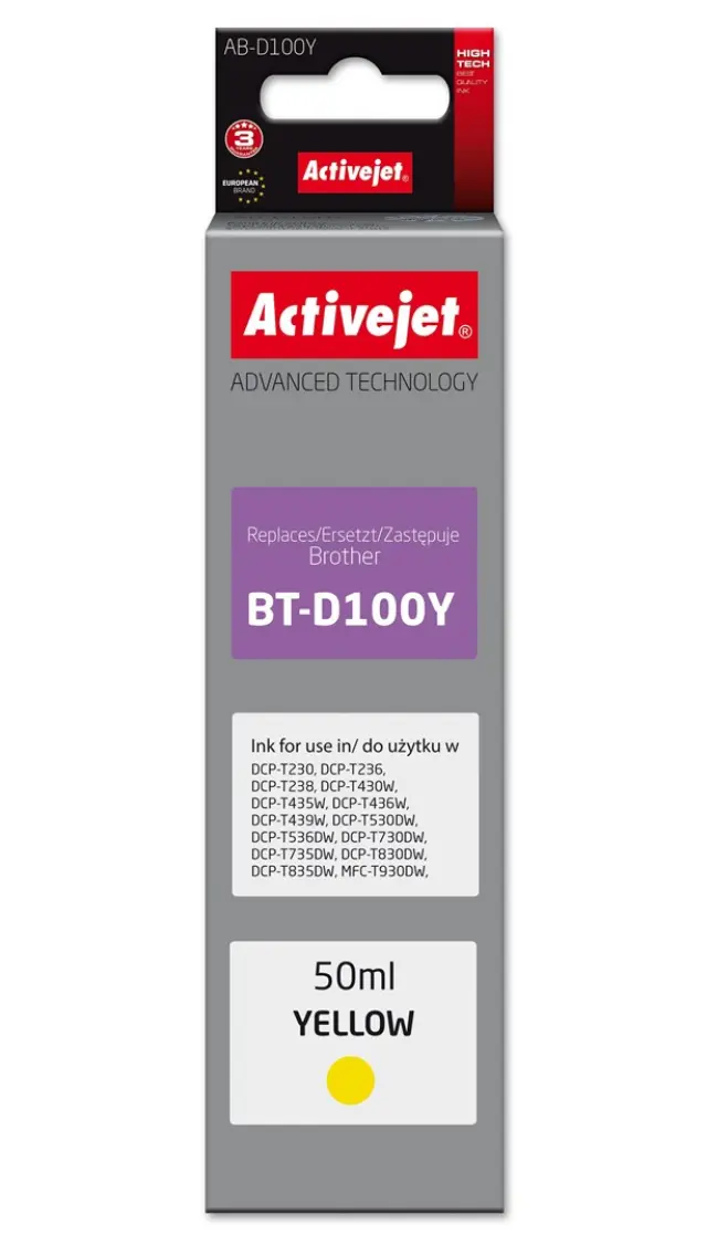 Activejet AB-D100Y Ink cartridge for Brother printers, replacement for Brother BT-D100Y; Supreme; 50 ml; yellow