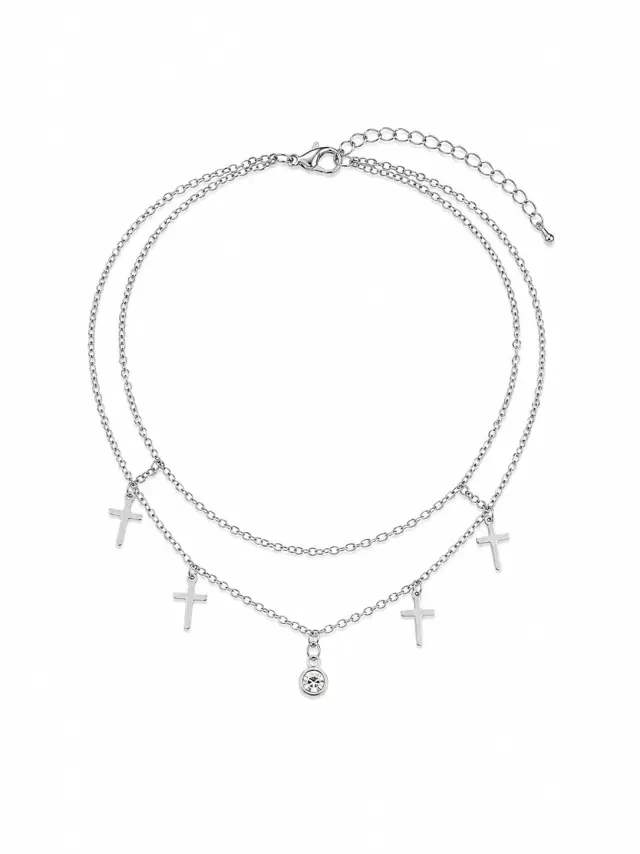 Ghetto Stainless Steel Double Layer Cross Anklet with Crystal Charm – Silver