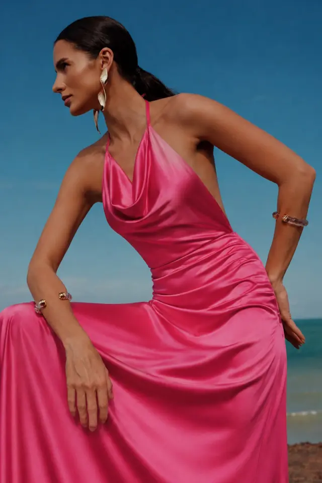 Satin Halter Maxi Φόρεμα με Cowl MOJI DRESS - XS